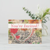 ラブバードハートレッドアートコラージュ 招待状 (スタンド正面)