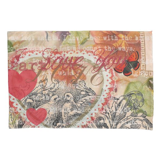 ラブバードハートレッドアートコラージュ 枕カバー (正面)