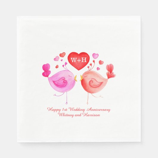 ラブバードハートレッドピンク1周年記念ナプキン スタンダードランチョンナプキン (正面)