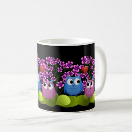 ラブバードピンク&ブルーフクロウイラストレーション コーヒーマグカップ