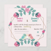 ラブバードフローラ結婚式招待状カード (正面/裏面)