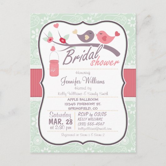 ラブバードブライダルシャワー；セージグリーンペイズリー インビテーションポストカード (正面)