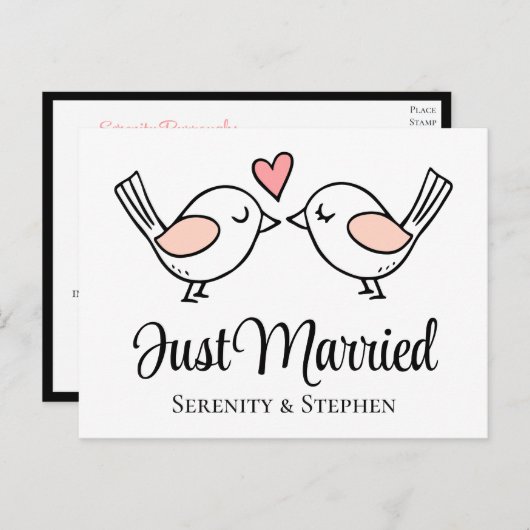 ラブバードブラックラブバードたった今結婚しました結婚ズ 案内ポストカード (正面/裏面)