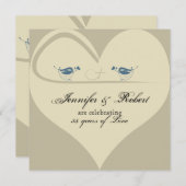 ラブバードベージュ色ハート結婚記念日 招待状 (正面/裏面)