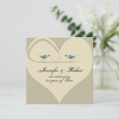 ラブバードベージュ色ハート結婚記念日 招待状 (スタンド正面)