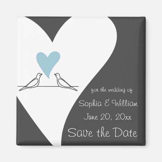 ラブバードライトブルーハート結婚式の日付を保存 マグネット (正面)