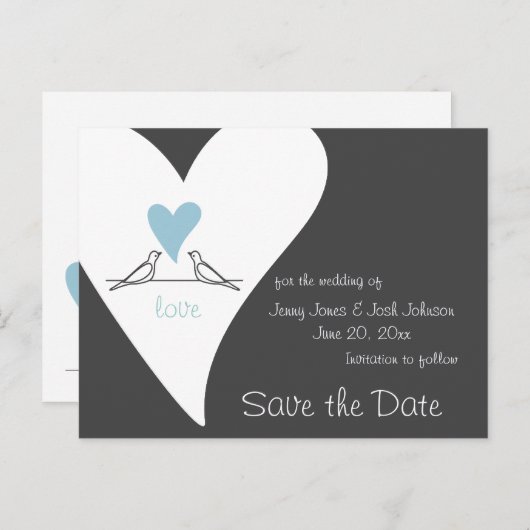 ラブバードライトブルーハート結婚式の日付を保存 案内ポストカード (正面/裏面)