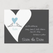 ラブバードライトブルーハート結婚式の日付を保存 案内ポストカード (正面)