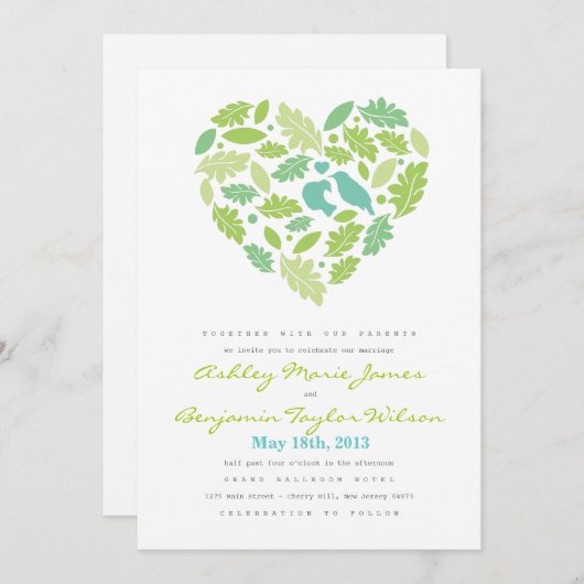 ラブバードリーフ&ハート結婚式招待状 招待状 (正面/裏面)