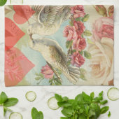 ラブバードヴィンテージアンティークハート キッチンタオル (折り畳み)