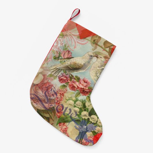 ラブバードヴィンテージアンティークハート スモールクリスマスストッキング (正面 (吊り時))