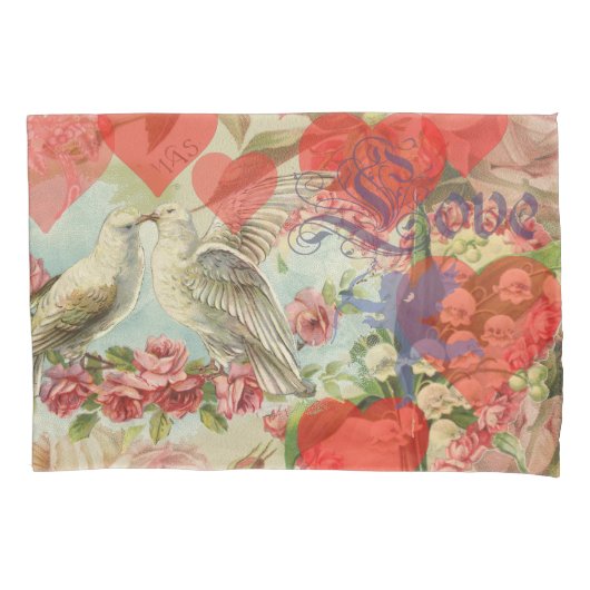 ラブバードヴィンテージアンティークハート 枕カバー (正面)