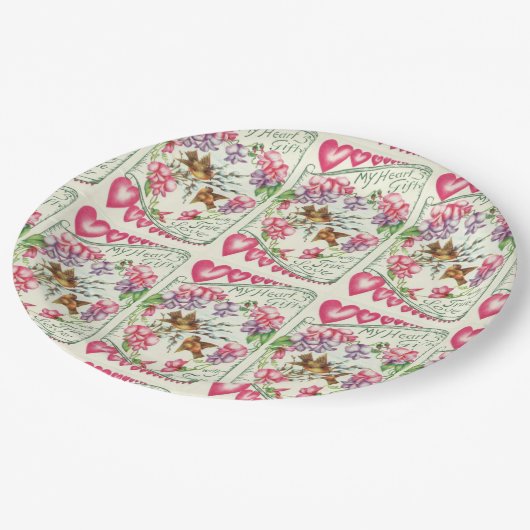 ラブバードヴィンテージバレンタインデー紙プレート ペーパープレート (アングル)