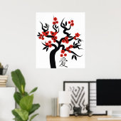 ラブバード中国のラブシンボル桜ツリー ポスター (ホームオフィス)