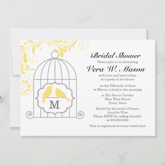 ラブバード付きイエローバードケージブライダルシャワー 招待状 (正面)