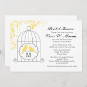 ラブバード付きイエローバードケージブライダルシャワー 招待状 (正面/裏面)