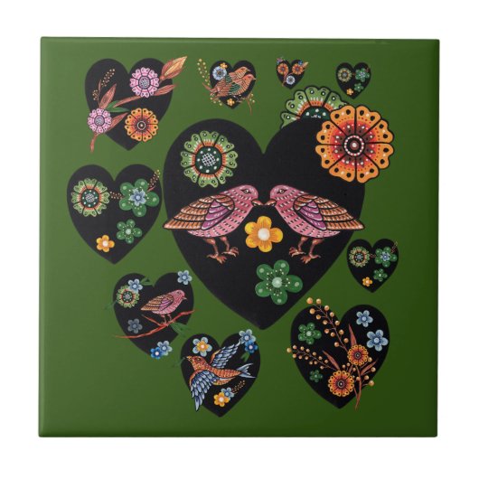 ラブバード北欧フォークアート タイル (正面)