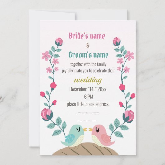 ラブバード春の花結婚式招待状カード (正面)