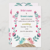 ラブバード春の花結婚式招待状カード (正面/裏面)