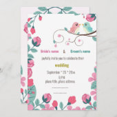 ラブバード春の花結婚式招待状カード (正面/裏面)