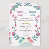 ラブバード春の花結婚式招待状カード (正面/裏面)