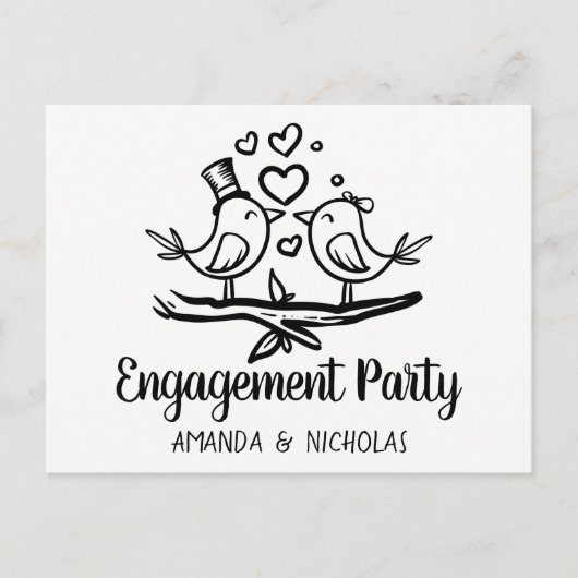 ラブバード結婚白黒婚約パーティ インビテーションポストカード (正面)