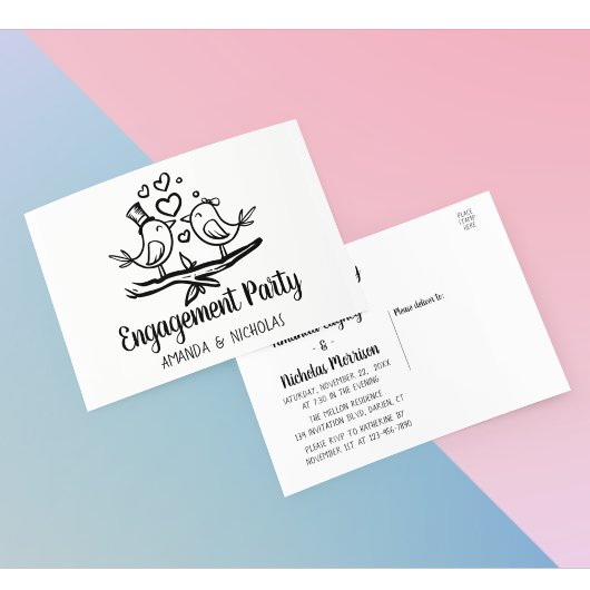 ラブバード結婚白黒婚約パーティ インビテーションポストカード