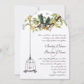 ラブバード鳥カバージイエロー&ティール(緑がかった色)咲く木 招待状 (正面)