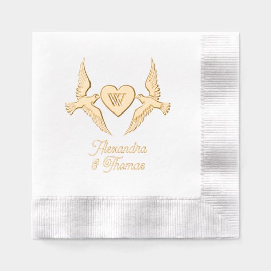 ラブバード1イニシャルハートモノグラムカップル名 箔ナプキン (正面)