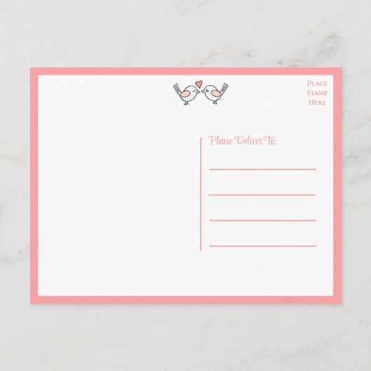 ラブバード かわいい愛の鳥 ピンク ウェディング ありがとう ポストカード (裏面)