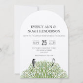 ラブバード グリーン スワール ツリー ウェディング 招待状 (正面)
