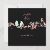 ラブバード/ピンクさくらんぼの花/桜/ディイ·バックグランド 招待状 (正面)