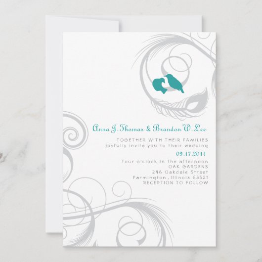 ラブバード&フェザー – ティール（緑がかった色）と海軍招待状 招待状 (正面)