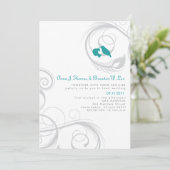 ラブバード&フェザー – ティール（緑がかった色）と海軍招待状 招待状 (スタンド正面)