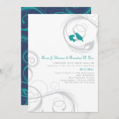 ラブバード&フェザー – ティール（緑がかった色）と海軍招待状 招待状 (正面/裏面)
