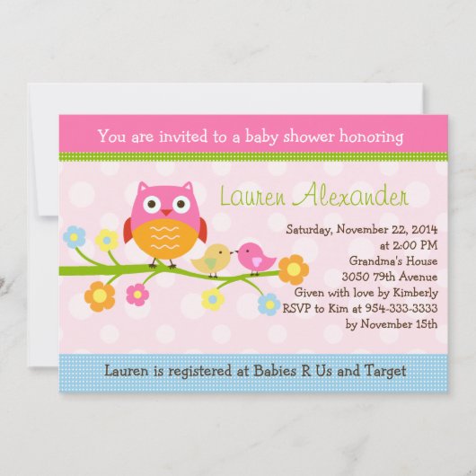 ラブバード&フクロウオンブランチベビーシャワー招待状 招待状 (正面)
