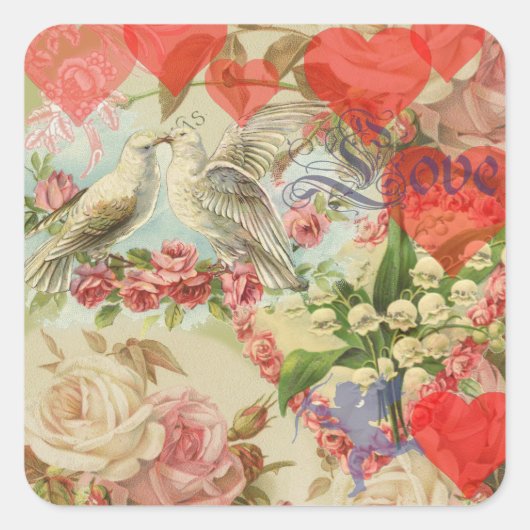 ラブバード ヴィンテージ アンティーク ハート スクエアシール (正面)