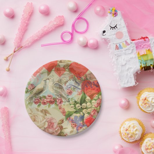 ラブバード ヴィンテージ アンティーク ハート ペーパープレート (パーティー)