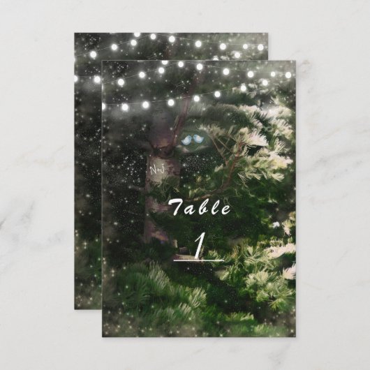ラブバード + 松の木の夜のウェディングテーブルナンバー 招待状 (正面/裏面)