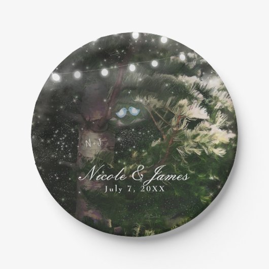 ラブバード + 松の木の夜の結婚式の披露宴 ペーパープレート (正面)