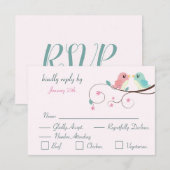 ラブバード 花柄 ピンク 返信カード RSVP (正面/裏面)