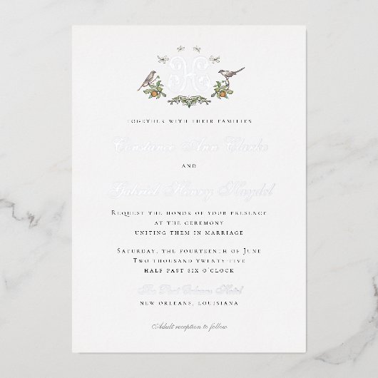 ラブバード"H"モノグラムフォイル結婚式招待状 箔招待状 (正面)