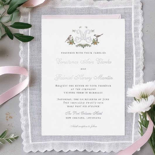 ラブバード"M"モノグラムフォイル結婚式招待状 箔招待状