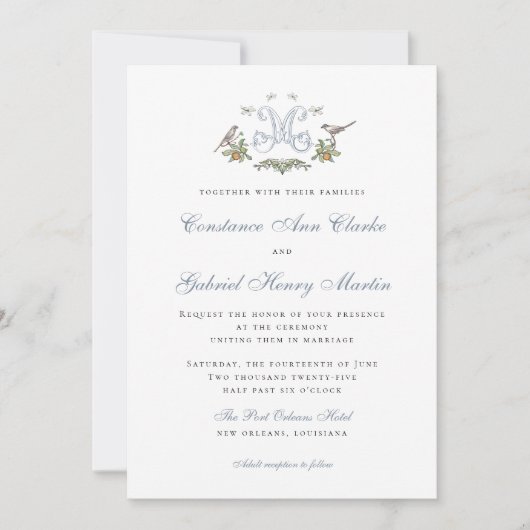 ラブバード"M"モノグラム結婚式招待状 招待状 (正面)