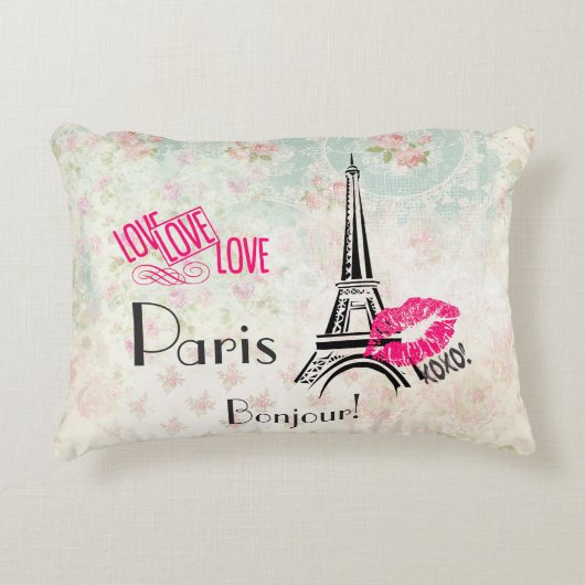 ラブパリとエッフェルタワーオンヴィンテージパターン アクセントクッション (正面)
