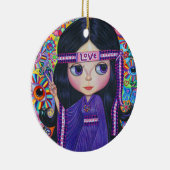 ラブヒッピー·ガール·ピースサインビッグアイズパープル·キュート セラミックオーナメント (右)