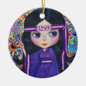 ラブヒッピー·ガール·ピースサインビッグアイズパープル·キュート セラミックオーナメント (正面)
