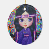 ラブヒッピー·ガール·ピースサインビッグアイズパープル·キュート セラミックオーナメント