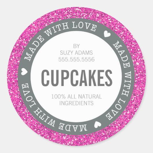 ラブピンクで作った可愛い商品グリッターラベル ラウンドシール (正面)