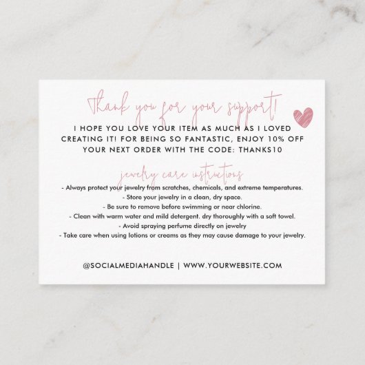 ラブピンクで手作りありがとうジュエリー気に エンクロージャーカード (裏面)